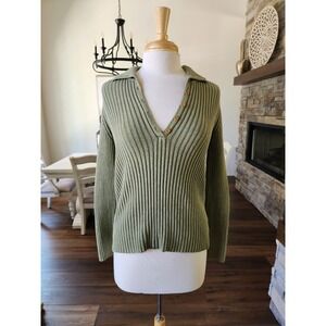 90s Eddie Bauer Women's Ribbed Knit Button V Neck Collar‎ Long Sleeve Henley